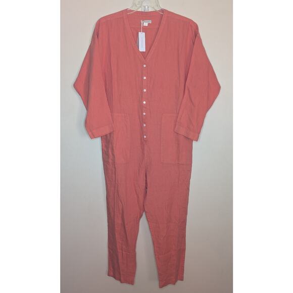 Outerknown Retrograde Linen Button Down Coverall Jumpsuit in Coral, Size Large - Picture 3 of 8